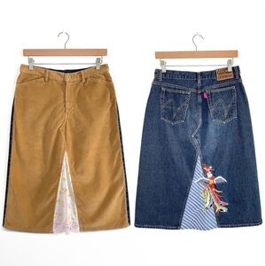 Vintage Y2K No.L.Ita North Little Italy Mixed Media Corduroy Denim Midi Skirt 8